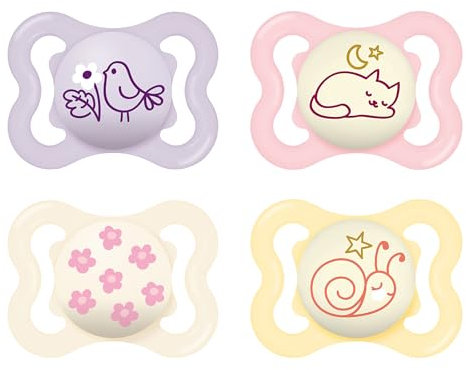 MAM Supreme Day & Night Schnuller | 0-6 Monate | Babyschnuller für Neugeborene | 94% Akzeptanz | beugt Zahnfehlstellungen vor | mit Zahnmedizinern entwickelt| SkinSoft Silikon |Vogel/Katze | 4 Stück