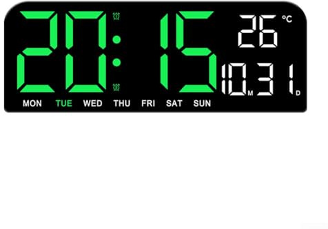 Donkivvy Digitale Wanduhr, 26,7 cm großes Display, LED-Bildschirm, Wecker mit Datum/Uhrzeit/Temperaturanzeige, Wanduhren für Zuhause, Büro, Schlafzimmer (grün)