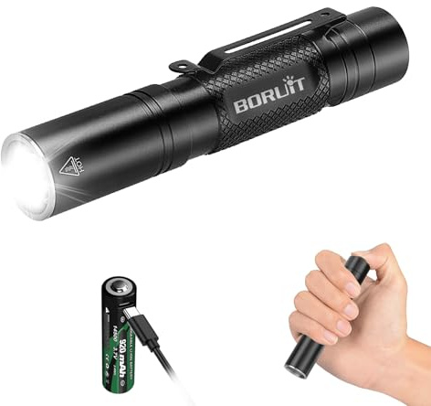 BORUIT RJ13 Pequeña Linterna EDC con Batería AA Recargable, 500 Lumen Linterna de Bolsillo con Clip, 5 Modos con Función de Memoria para Camping, Hogar, Exteriores, Emergencias