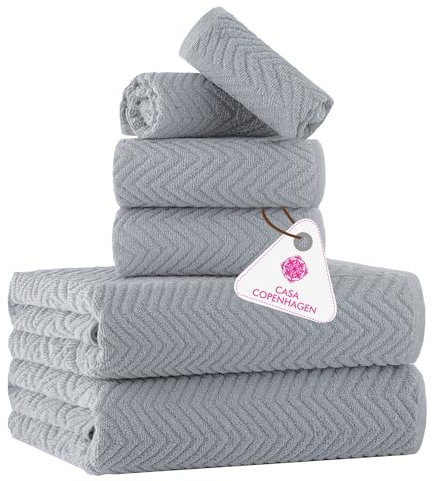 CASA COPENHAGEN Wave Textured 6 Piece Towel Set - Grey Violet, 550 g/m², 2 Bath Towel, 2 Hand Towel, 2 Washcloth Towels Cotton Rough and Tough Use Gift Set for Bathroom