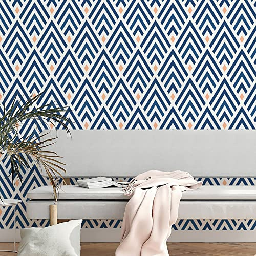 Blaue Geometrische Tapete, 44,5 x 500 cm Blau Gestreifte Tapete, Abziehen und Aufkleben, Selbstklebende Tapeten, Möbelfolie Selbstklebend für Wohnzimmer, Badezimmer, Küche, Schublade, Schränke