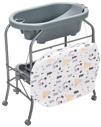 GOPLUS Baignoire Pliable Bébé 4 en 1, Baignoire Bebe sur Pied, avec Panier de Rangement et Roues Verrouillables, Charge 35 KG, Table a Langer avec Baignoire pour 0-12 Mois (Gris Foncé)
