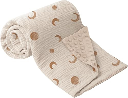 bearmoss Baby Blanket Soft Nursery Crib Blankets with Muslin Cotton Front and Dotted Fleece Back for Unisex Baby Girls Boys Newborns Toddlers, 76x100cm (Brown Moon)