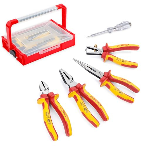 CRIPOP 4PCS VDE Insulated Pliers Tool Set,1000V Insulated Electrical Tools Kit Includes 190mm Combination Plier,165mm Diagonal Cutter, 160mm Wire Stripper, 210mm Long Nose Plier&Voltage Test with Box