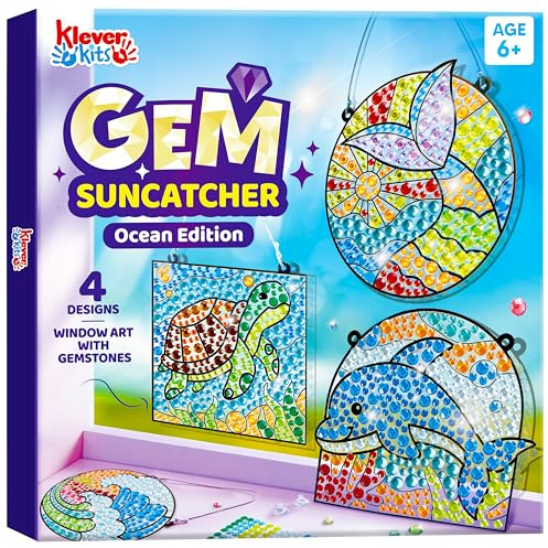 Klever Kits Suncatcher Craft Kits for Kids, 4 Designs Arts and Crafts for Kids Age 6 7 8 9 10-12, Ocean Theme Window Gem Art Set Gem Diamond Painting Craft Kits DIY, Birthday Gifts for Girls Age 6-12