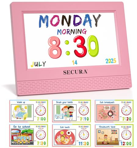 Secura TimeTact Reminder for Kids, 7 LED Talking Alarm Clock with Countdown Visual Timer, 17 Daily Reminders & 5 Custom Alarms Habit Reminder and Scheduler (Pink)