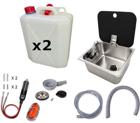 XENPER®️Kit Fregadero Camper Pequeño 32x26 con Tapa GARRAFAS A Elegir – Ideal para Kit Camper Furgoneta, Lavabo Caravana y Cocina Camper, Ideal para Muebles Camper