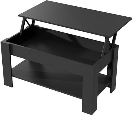 Garvishk Garvis Couchtisch mit Lift-Top – Weiß Matt, Höhenverstellbarer Wohnzimmertisch mit Stauraum & Ablage, MDF Kaffeetisch Modern, Aufklappbarer Tisch für Wohnzimmer & Büro (Schwarz)