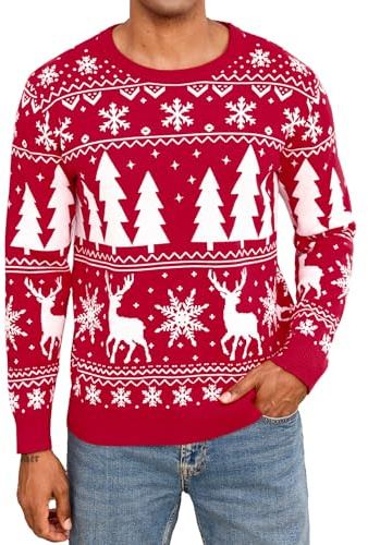 iClosam Suéter de Invierno Jersey Navideño Cálido de Manga Larga para Hombre Suéter Navideño Rojo L