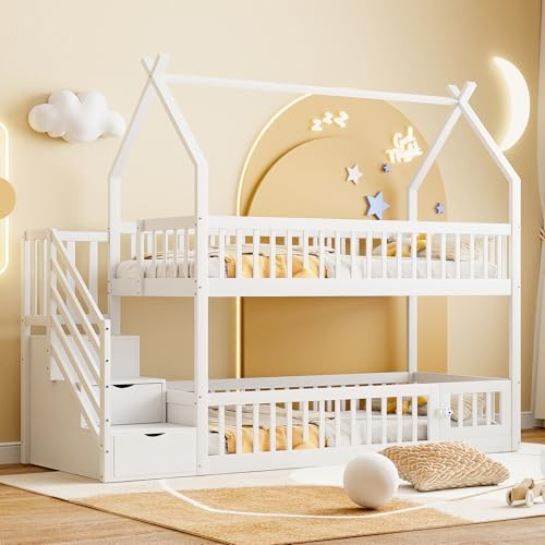 TOBIDOEN Letto a castello per bambini, 90 x 200 cm, con tetto e scala di sicurezza, vano portaoggetti nella tromba delle scale, letto con struttura in legno, sicuro, salvaspazio, per bambini e ragazzi