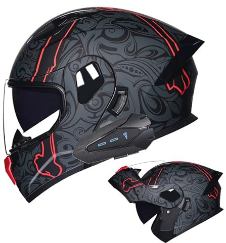 Frcychri Casco Integral Fibra Carbono con Spoiler Bluetooth, Casco Abatible, Asco Moto Choque Visera Sol Doble Cara Completa, Homologado ECE para Motocicleta, Scooter, Carretera Carreras D,2X-Large