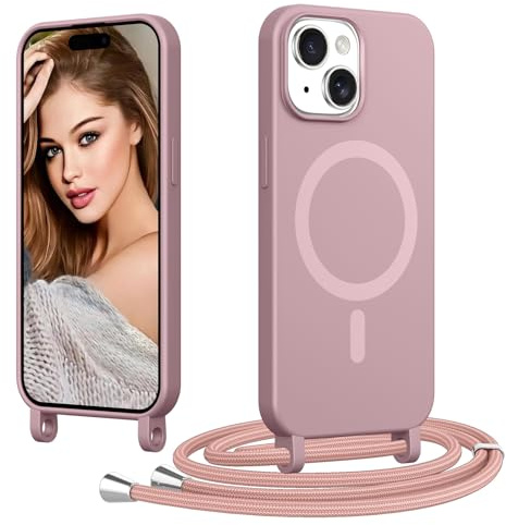 Coiwxmoi Magnetica Cover per iPhone 15 con Cordino Regolabile, [Compatibile con MagSafe] Custodia con Collana Tracolla Laccio Collo Liquido TPU Silicone Lanyard Antiurto Case, Rosa