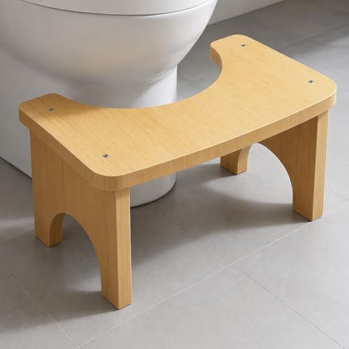 GOEDCH 37 × 20 × 17 cm Tabouret de toilette : tabouret WC en bambou naturel, design ergonomique, tabouret antidérapant, couleur originale, pour salle de bain famille