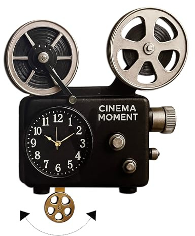 DEKORI Orologio da Parete Vintage “Cinema Moment” – Pendolo Silenzioso Forma Proiettore, Design Retrò, Taglio Laser di Precisione, Handmade in Italy by
