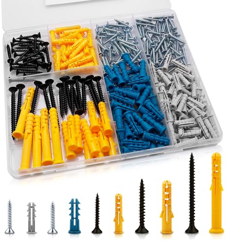 Zynthor Screws and Wall Plugs Set, 5 Size Plasterboard Fixings, 270Pcs | Raw Plugs and Plasterboard Screws for Brick, Concrete and Drywall, Assorted Wall Fixings for General Installation