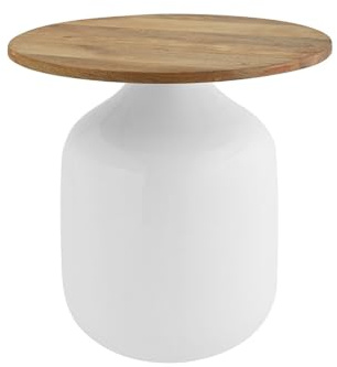 Miliboo Table d'appoint ronde au design blanc et bois massif manguier H49 cm Verona