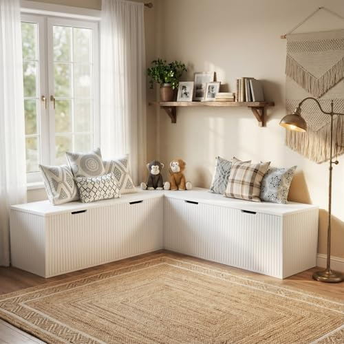 CASANOOKK L-Shape Bench with Cushion,Backless Wood Kitchen Breakfast Corner Bench with Hidden Storage,Corner Dining Bench for Entryway,Dining Nook, Kitchen,Cloakroom,White