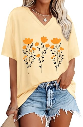 Oversized T Shirts For Women V Neck Summer Tops Loose Graphic Tees | soft and breathable, relaxed fit short sleeve basic tshirts, baggy floral printed tops, casual daily wear for lounging