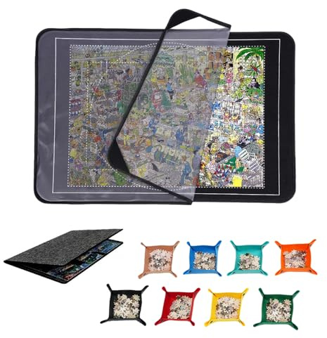 Jonuin Tappetino per Puzzle 1000 Pezzi, 81x56 cm, Feltro Antiscivolo con Copertura Antipolvere e 8 Vassoi Colorati, Pieghevole per Conservazione e Trasporto, Accessori Puzzle Adulti