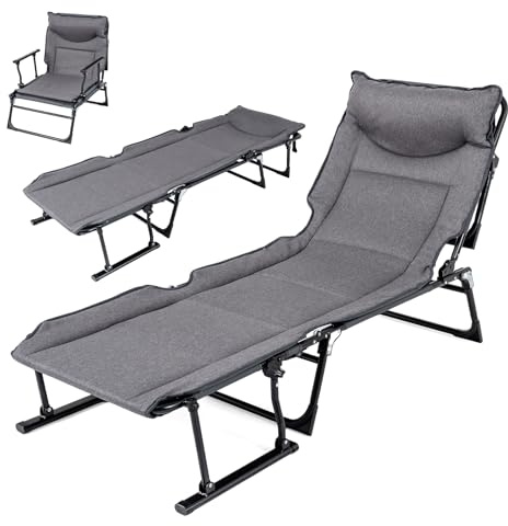 COSTWAY Lit de Camp Pliable 1 Personne, Fauteuil Convertible, Dossier Réglable à 6 Positions, Coussin Intégré, Cadre en Métal, Lit Pliante pour Camping Cour Bureau, Charge 200 kg