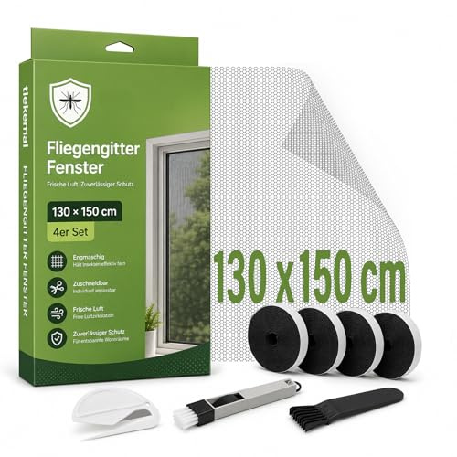 Fliegengitter Fenster 130 x 150 cm 4er Set, schwarzes Insektenschutznetz mit Klettband & Montagezubehör, zuschneidbares Moskitonetz ohne Bohren