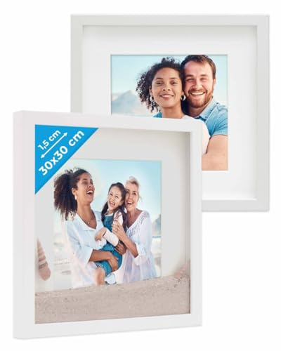 PHOTOLINI 3D Bilderrahmen zum Befüllen 30x30 Weiß groß, 1,5 cm tiefer Objektrahmen mit Glas, 2X tiefer Bilderrahmen 30x30 Holz MDF mit Passepartout, Dicker 3D Rahmen befüllbar für Gegenstände