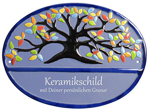 Handarbeit aus Schleswig-Holstein Keramikschild 23,5 x 17,5 cm Bunter Lebensbaum (hellblau)