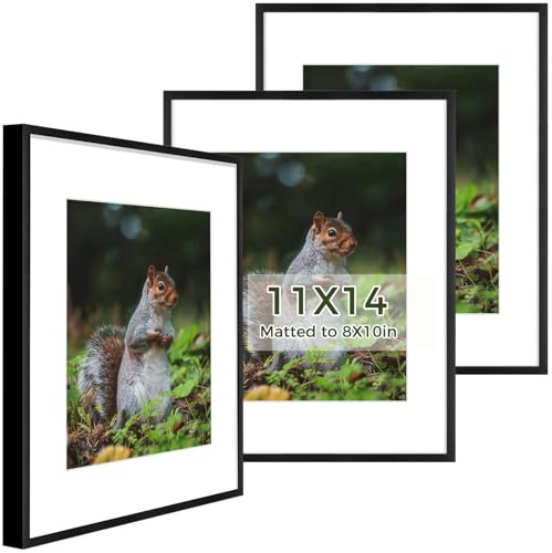 Golden State Art 11x14 Picture Frame 3 Pack - Aluminum Frames with 8x10 Removable Mats & Real Glass, Display 11x14 Posters or 8x10 Photos - Black Gallery Wall Frames for Home Office Decor