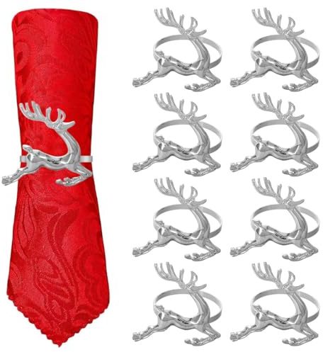 BESTOYARD 8 StüCk Weihnachten Rentier Servietten Ringes, 6cm Silber Rentier Serviettenhalter, Wiederverwendbar Elch Serviettenschnalle FüR Weihnachtsfeier Familientreffen