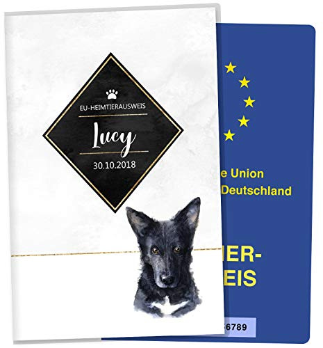 OLGS EU-Heimtierausweis Hülle Golden Touch Schwarzer Schäferhund, Schutzhülle als Geschenkidee personalisiert mit Namen und Geburtsdatum