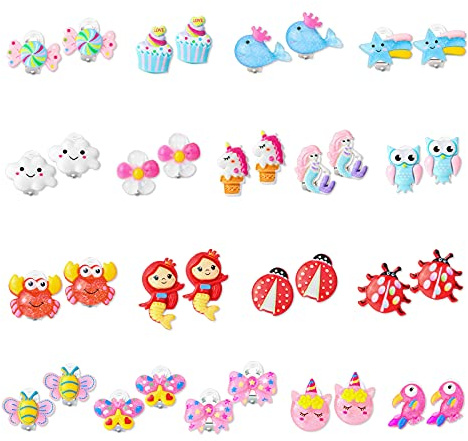HIFOT 18 Paires Boucles doreilles Clip pour Enfant, Mignon Animal Licorne Hibou Boucles d'oreilles Clip Princesse Bijoux Accessoires Party Favor