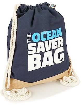 Jute statt Plastik Original | CB320COS | Turnbeutel Dunkelblau | Ocean Saver Bag | Fairtrade Sportbeutel aus Canvas mit Juteboden | Meeresschutz | 1er-Set