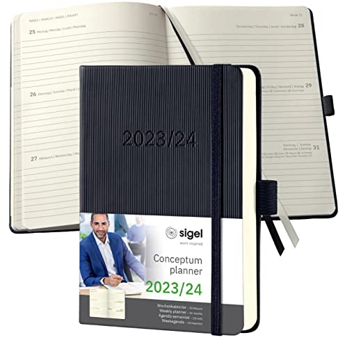 SIGEL C2402 Terminplaner Wochenkalender 2023/2024, ca. A6, schwarz, Hardcover, Gummiband, Stiftschlaufe, Archivtasche, PEFC-zertifiziert, 18-Monatskalender, Conceptum
