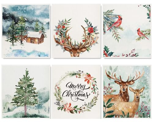 AnyDesign 6Pcs Christmas Swedish Dishcloth Watercolor Xmas Cotton Kitchen Towel Forest Decorative Absorbent Dish Towel for Home Kitchen Housewarming Counter Wipes, 6.7 x 7.5 Inch