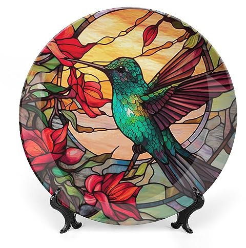 Decorative Plates, Bird & Red Flower Stained Glass Print Ceramic Dinner Plate Home Wobble-Plate with Display Stand, Wall Hanging Decor for Kitchen Household 10 Inch, Gifts for Hummingbird Lovers