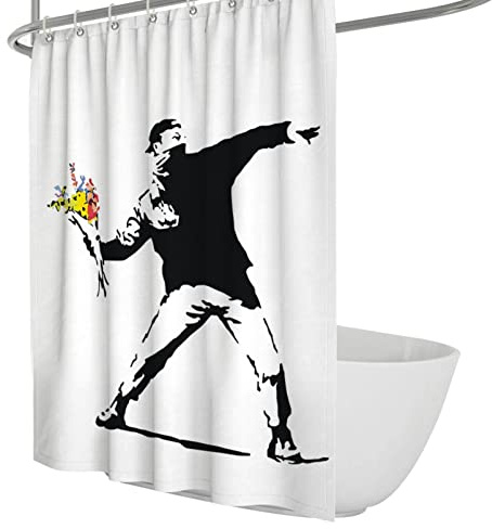Wewoo Home Schwarz Weiß Duschvorhang Banksy Boy Duschvorhang-Set mit Haken Separater Nasser und trockener wasserdichter Stoff-Polyester-Badezimmervorhang B90xL200cm