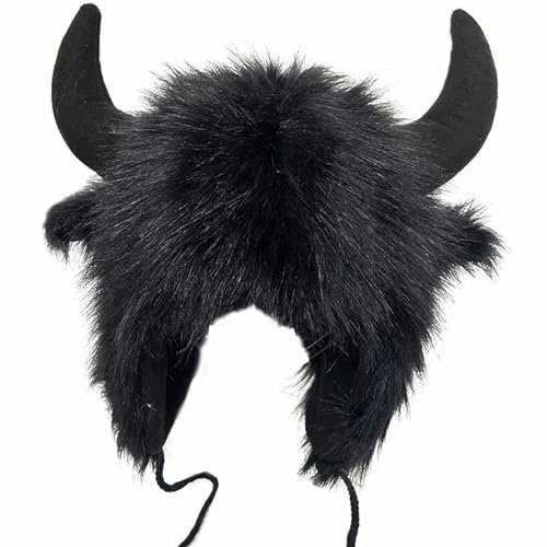 DUHGBNE Büffelmütze mit Hörnern, pelziger Ohrenschützer, Wintermütze, Büffelgesicht, Flauschige Ohrbedeckung, Ohrenklappenmütze Warm Cap (Black, One Size)