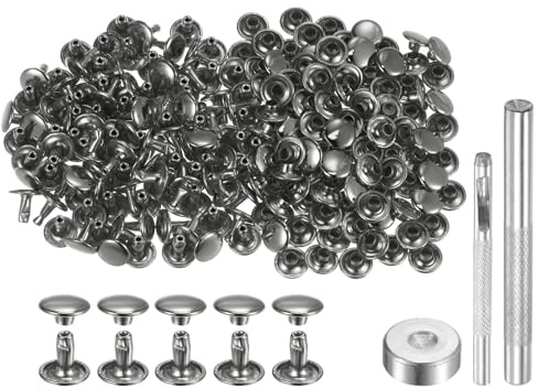 sourcing map Set di 100 rivetti per pelle, 8 x 9 mm, in metallo, a doppio tappo, bottoni a pressione con 3 strumenti di regolazione, rivetti per artigianato in pelle, decorazione fai da te,