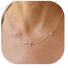 TINGN Korskedja, guldkedja dam, 14K guldpläterad korskedja, lagrad korskedja, halsband damer kors, choker, kors halsband för kvinnor, guld kostym, smycken, damer, gåvor för kvinnor damer, Mässing