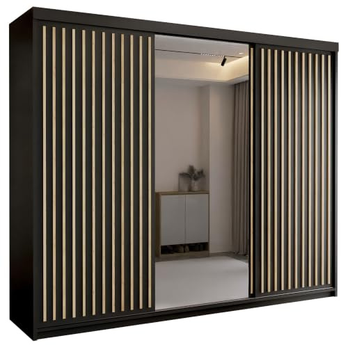 MN Furniture Roni Wide Wardrobe with Hanging Rails, Shelves and Drawers, Freestanding Closet Cabinet and Wardrobe with Sliding Mirror Doors for Bedroom (Black, 250cm)