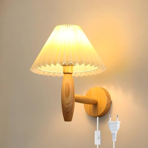 niuniaj Wandlampe mit Schalter und Stecker,Wandleuchte Holz mit Beigem Stofflampenschirm, E27 Wandleuchte Design für Schlafzimmer, Flur, Wohnzimmer, Esszimmer（Ohne Leuchtmittel）