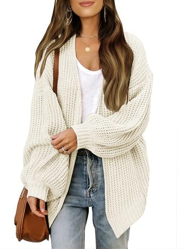 JFAN Stickad cardigan dam långärmad lätt lös öppen tröja varm jacka med fickor för höst vinter, Beige, M
