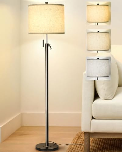 Qingmiao Stehlampe Wohnzimmer - Schwarz Modern Stehleuchte Standleuchte | 140-168cm höhenverstellbare Leselampe mit Leinen-Lampenschirm, 3 Farbtemperatur,E27 Fassung (9W Glühbirne inklusive)