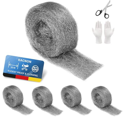 KACNON 3# Lana de Acero, 5 Rollos 20M de Lana de Alambre, con Guantes y Tijeras, Lana de Acero Inoxidable Fina Contra Roedores, Lana de Acero Para Abrillantar, Lana de Acero Contra Ratones Limpias las