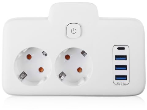2-Fach Steckdosenleiste Mit USB, Doppelstecker für Steckdose Mit Schalter, Steckdosenadapter Wandmontage Mit 4 USB, Verteilersteckdose Mit Schalter, Weiß
