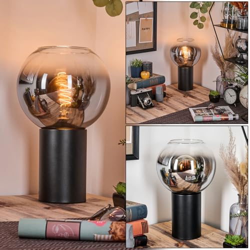 HOFSTEIN Tischleuchte Koyoto, Tischlampe aus Metall/Glas in Schwarz/Chrom/Rauch/Klar, Leuchte im Retro/Vintage-Design mit Glasschirm Ø 20 cm, E27, Wohnzimmer, Schlafzimmer, Esszimmer, Flur, Büro