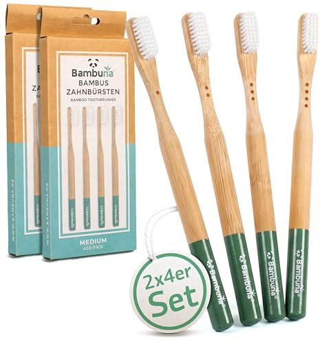 BAMBUNA Bambu tandborstar set om 4 medelmjuka med diskret märkning – tandborste plastfri – tandborste av bambu med borst av ricinolja – tillverkad i Tyskland