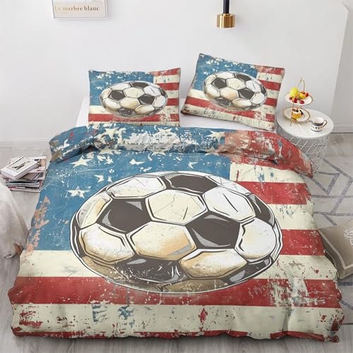 Housse de Couette 140x200 Football avec 1 Taie d'oreiller 65x65 cm - Decoration Football, Parure de Lit 1 Personne Drapeau Américain, Linge de Lit en Microfibre Douce avec Fermeture éclair H*&164