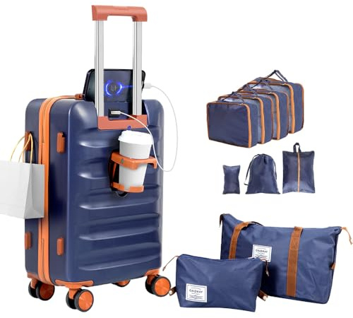YANQIAO 20” Suitcase Set 10 Pcs, Airline Certified Luggage, Carry-on Luggage, Hard Shell Lightweight Luggage with Spinner Wheels (Luggage + 2 Travel Bags, 7 Organizer Bags, Blue)