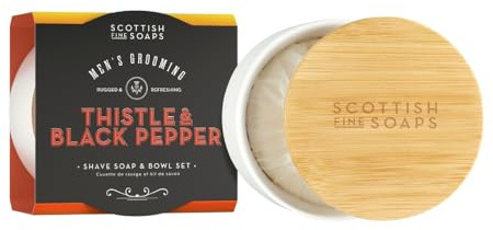 Scottish Fine Soaps Men's Grooming Thistle & Black Pepper Shave Soap & Bowl Set – Moisturising Shave Soap with Safflower Oil in Reusable Bowl